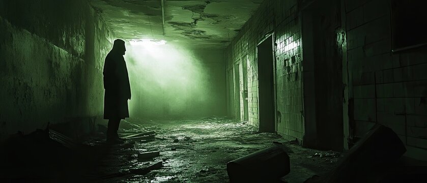 Shrouded figure in a crumbling building overseeing illegal operations, eerie lighting, atmosphere of deceit