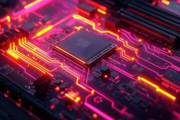 Obraz premium Glowing Circuit Board with Pink and Orange Neon Lines