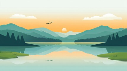 Peaceful flat design lake view surrounded by lush hills and a clear sky, bold colors and simple forms