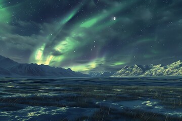 Aurora borealis over snowy mountains