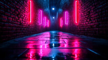A vibrant alleyway illuminated by neon lights, creating a captivating atmosphere with reflections on the wet pavement.