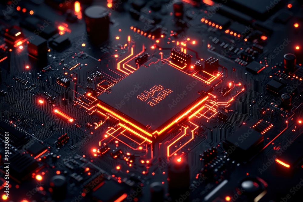 Poster illuminated motherboard with glowing processor and circuitry