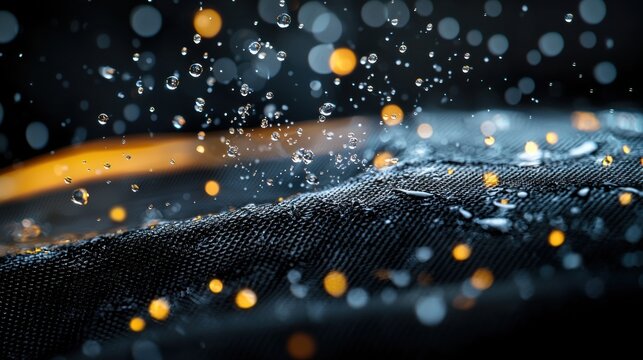Detailed image of a waterproof jacket with a high-resolution view of droplets forming on the fabric, highlighting the jacket is hydrophobic properties.