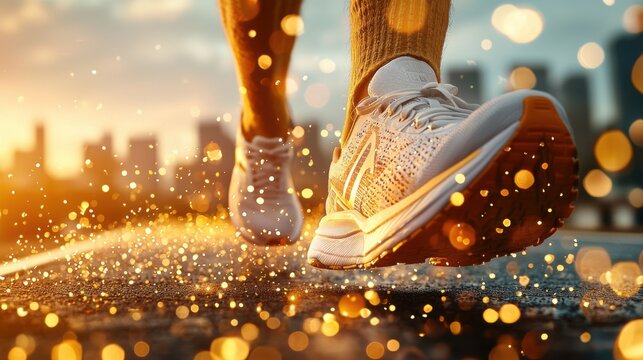 Close-up shot of a pair of men is running shoes on an urban running track, illuminated by dramatic, angled cinematic lighting that highlights the texture and intricate details of the shoe is