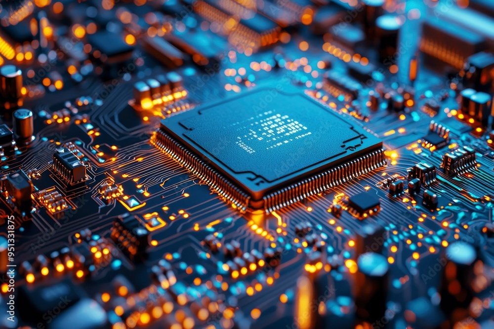 Poster close-up of a circuit board with a central processor