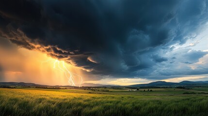 A vivid summer thunderstorm scene showcasing dark, heavy clouds hanging low above a lush green landscape. Lightning streaks across the sky, casting a fleeting glow over the surroundings. The scene