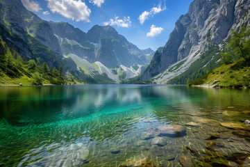Fototapeta premium Idyllic Mountain Lake Surrounded by Towering Peaks