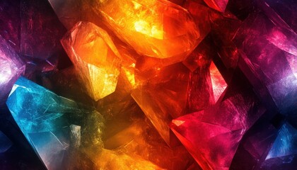 Vibrant and colorful digital art featuring an array of glowing, abstract crystals in a captivating spectrum of colors.