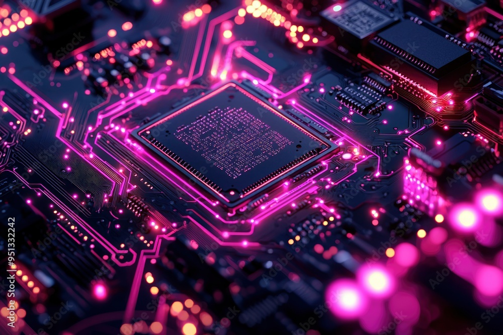 Poster close-up of a circuit board with glowing pink lines and a black processor chip