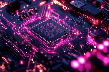 Obraz premium Close-up of a circuit board with glowing pink lines and a black processor chip