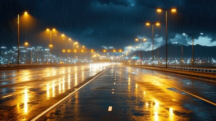Fototapeta premium An empty urban road at night with a gentle mist, featuring streetlights casting a warm glow on the wet asphalt, and distant buildings partially obscured by fog