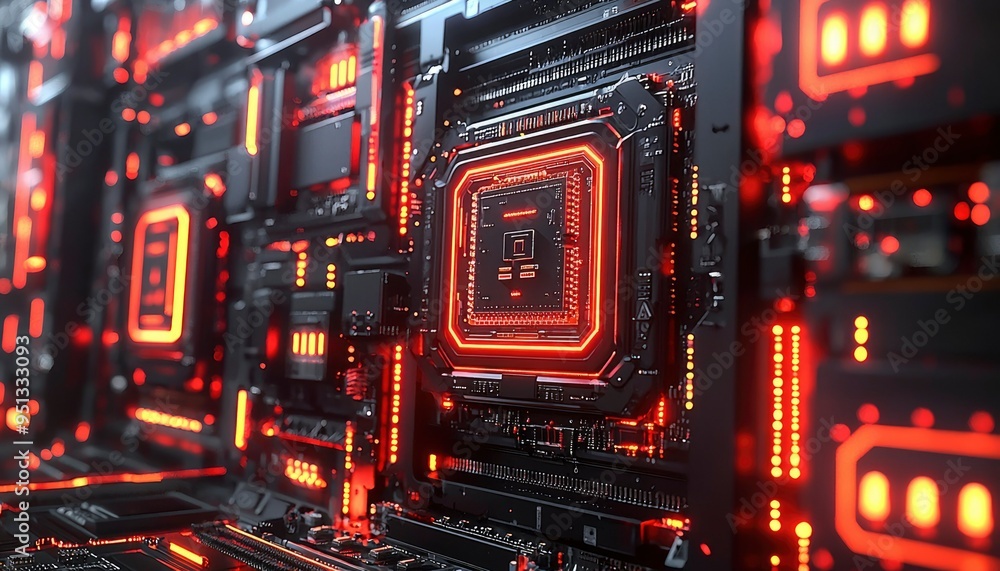 Poster red illuminated motherboard with central processor