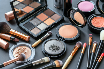 Close up collection of makeup products with empty background for cosmetic concept.