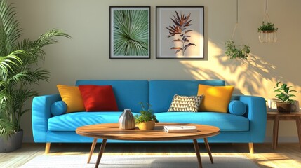 A blue sofa with colorful pillows sits in a living room with a coffee table and plants.