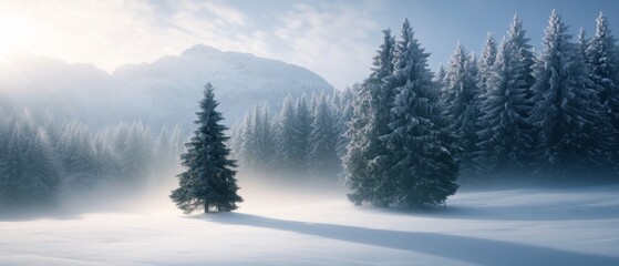 Obraz premium Snowy Landscape with Tall Frost-Covered Trees, Mist Rising from the Ground, and Mountains in the Background.