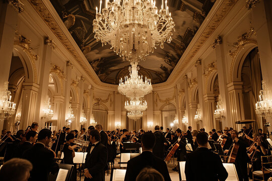 Grandeur at the Charity Ball: Live Orchestra in a Lavish Ballroom