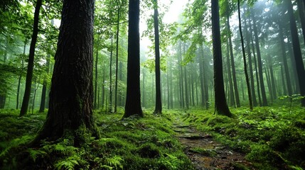 Obraz premium Thick fog rolling through a lush, green forest with towering tree trunks emerging from the mist, the ground covered in dew-soaked foliage, giving a sense of tranquility and isolation