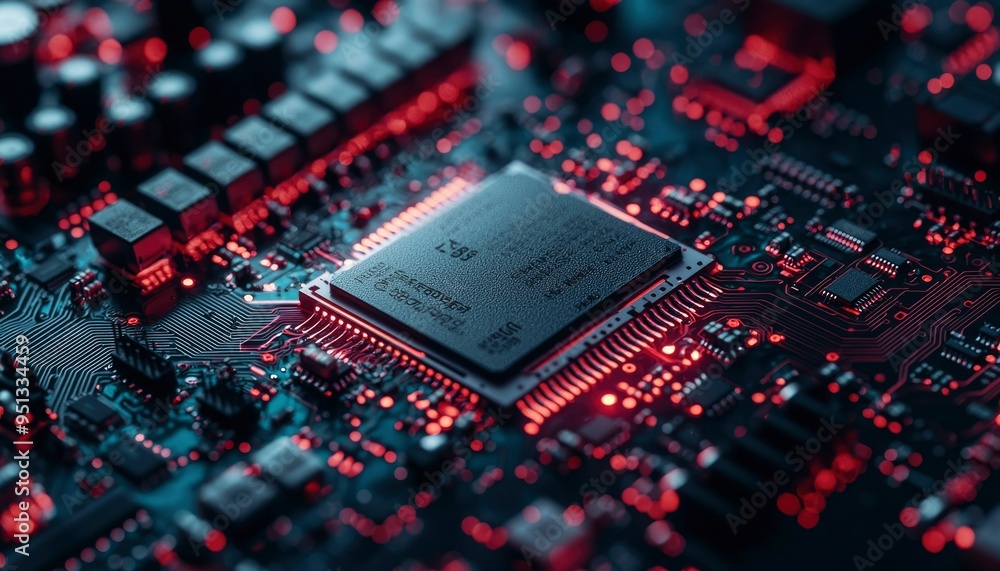 Poster close-up of a glowing red and blue computer motherboard with a central processing unit.