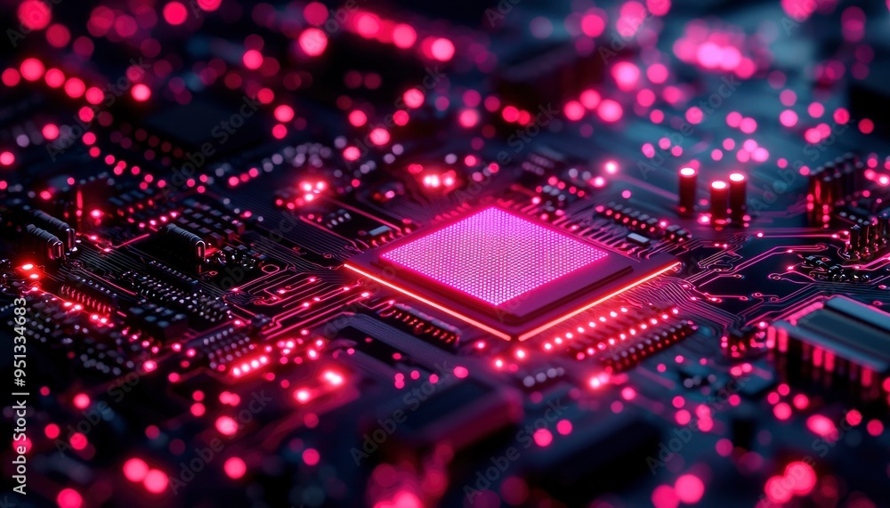 Poster a close-up view of a glowing pink processor on a circuit board