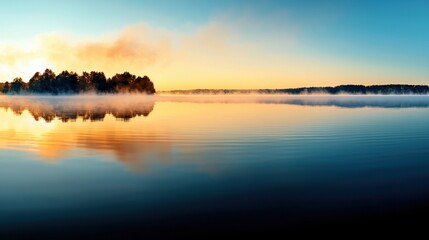 Fototapeta premium A quiet lake enveloped in thick, drifting fog at dawn, with the water reflecting the soft, diffused light of the early morning. The fog creates a dreamy.