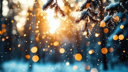 Softly falling snowflakes in a winter forest, capturing the serene and peaceful mood with snow-covered branches, a silent, pristine landscape, and a gentle winter ambiance