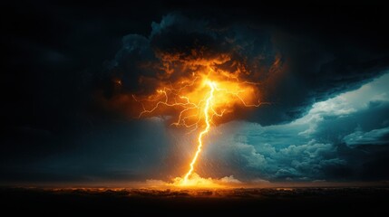 Fototapeta premium Powerful bolts of lightning illuminating a dark, turbulent sky amidst a heavy storm, capturing the electrifying energy and chaos of the weather event