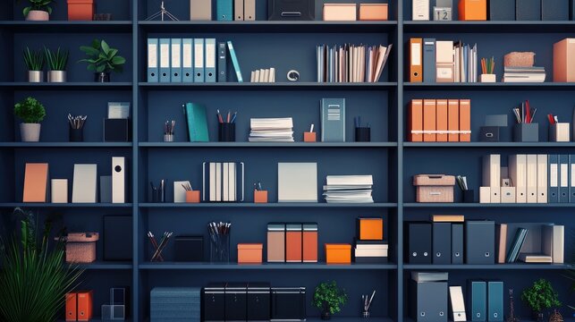 A well-stocked wall of shelves with office folders and essentials, representing effortless organization in a modern office