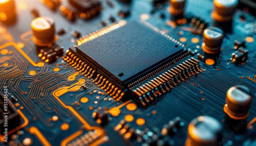 Poster close-up of a microchip on a circuit board