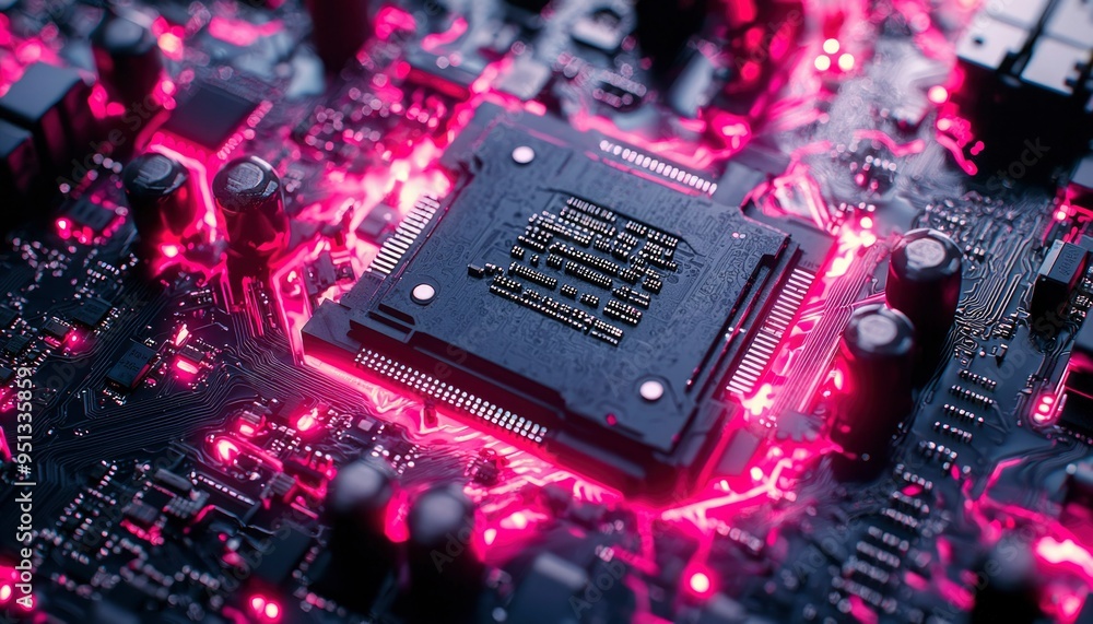 Poster close-up of a glowing pink circuit board with a central processor chip.