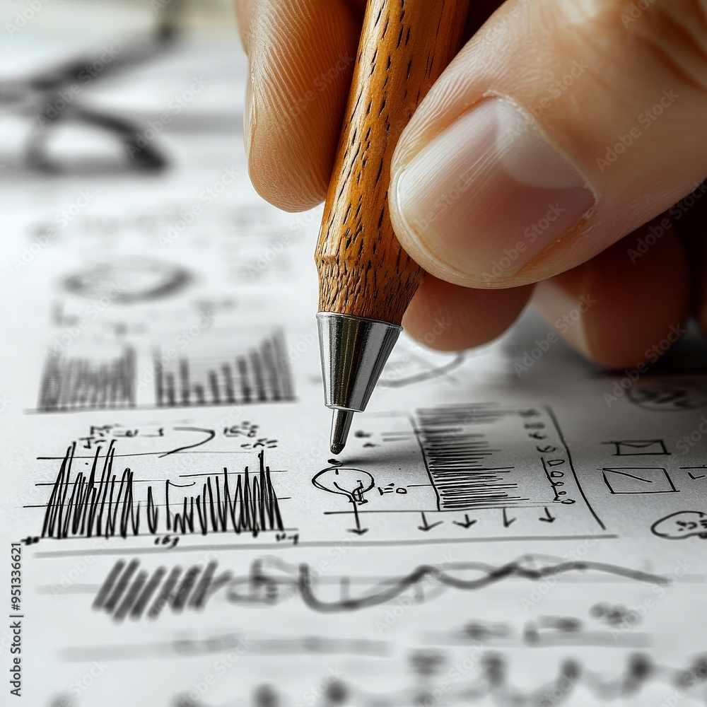 Poster strategizing the future: a close-up of a hand sketching graphs and charts on paper, symbolizing the 