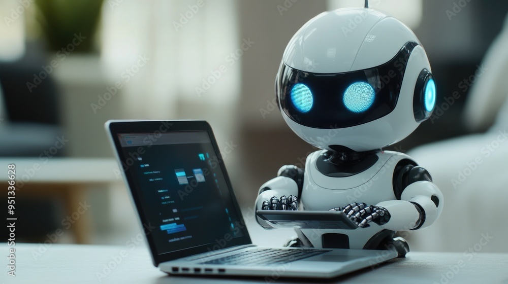 Poster adorable humanoid robot typing on a laptop, representing the future of ai with a touch of personalit