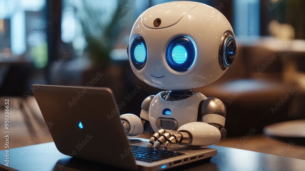 Poster adorable humanoid robot typing on a laptop, representing the future of ai with a touch of personalit