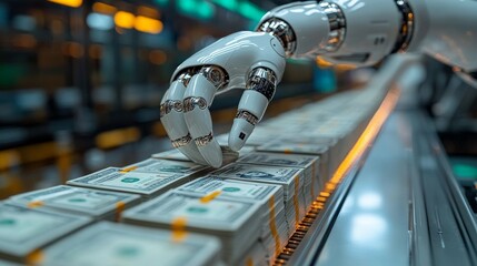 Automated Wealth Management: A futuristic robotic arm meticulously counts stacks of US dollar bills on a glowing conveyor belt, depicting the rise of AI in finance.