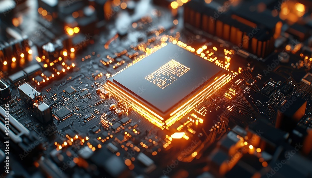 Poster a close-up of a lit-up central processing unit on a motherboard