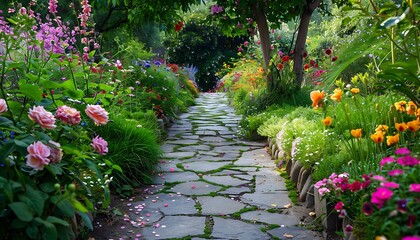 Garden path in the morning mist with flowers and plants