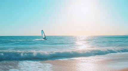 Peaceful Serenity: Windsurf Gliding on Tranquil Ocean Waves