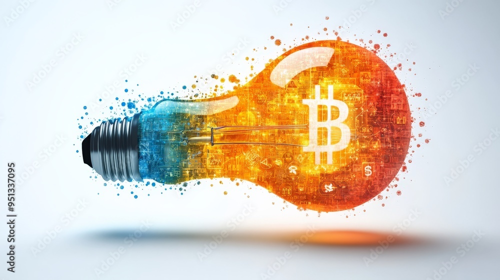 Poster bitcoin lightbulb: a futuristic, abstract concept image depicting a lightbulb filled with bitcoin sy