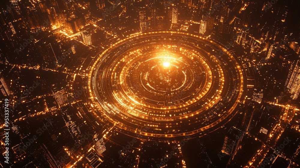 Poster Aerial view of a city designed in a circular pattern, glowing with golden lights, with the brightest illumination at its core, creating a stunning nighttime scene.