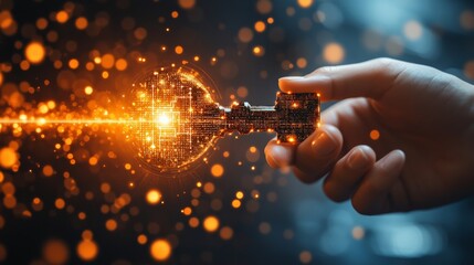 Unlocking Potential: A hand reaches out to grasp a glowing key, symbolizing the power to unlock potential, innovation, and new opportunities. Spark your imagination and ignite your creativity with thi