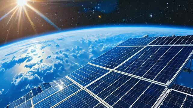 A solar panel array in space, capturing sunlight above Earth?s atmosphere.