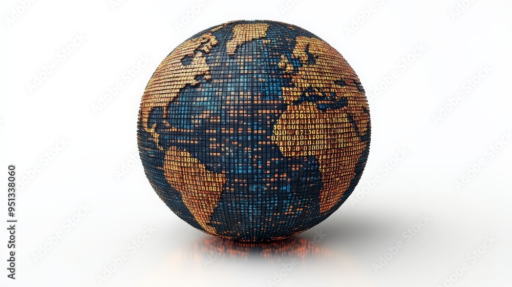Poster global interconnection: a rustic, wooden globe with a detailed map and glowing blue digital lines sy