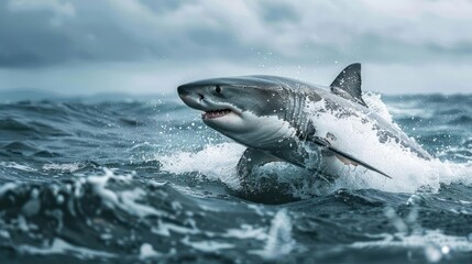 Powerful white shark with a large mouth and prominent gills leaps from the ocean,