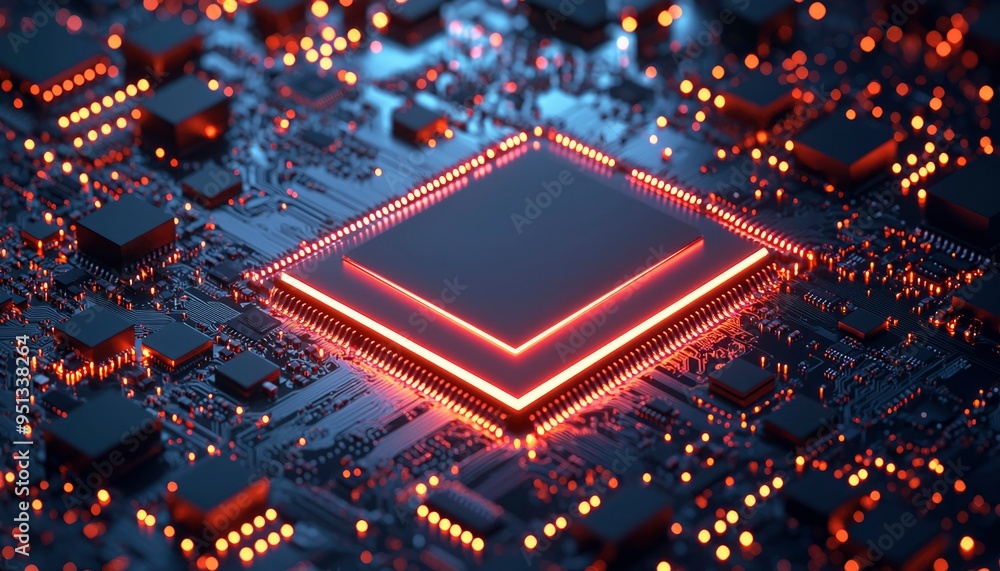 Poster illuminated processor on a circuit board with red glowing lines