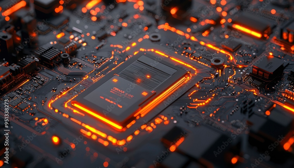 Poster close-up of a glowing circuit board with a central processor.