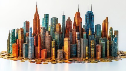 City of Coins: A miniature cityscape built from stacks of gold coins, symbolizing the wealth, prosperity, and growth of a modern metropolis. The intricate details and vibrant colors create a captivati