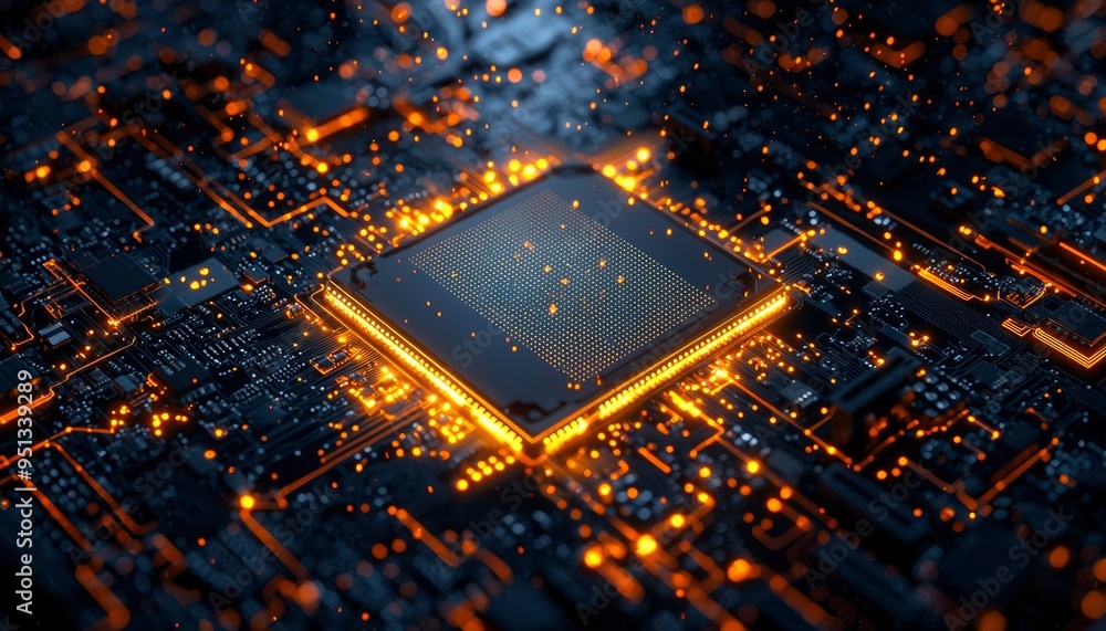 Poster close-up of a glowing computer processor on a circuit board
