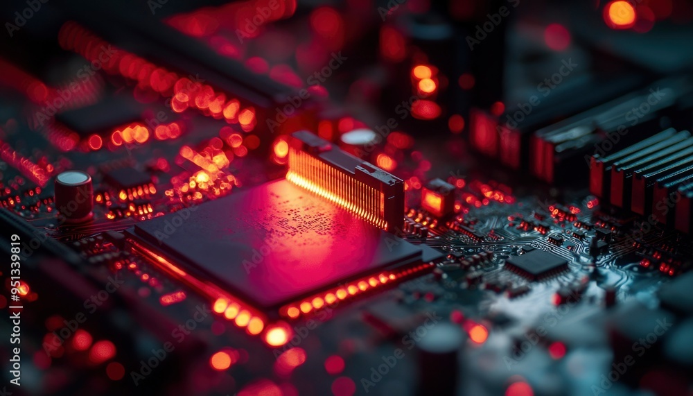Poster red-lit computer motherboard close-up with processor