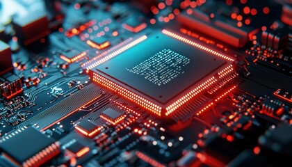 Closeup of a glowing red and blue circuit board with a central processor