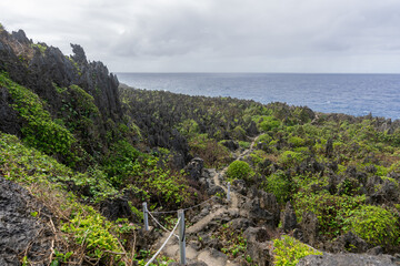 The rocky clifftop walk down to Togo chasm in the South Pacific island of Niue