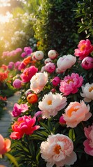 Obraz premium of a lush peonies garden, bathed in warm, soft natural light, with an array of vivid and beautiful flowers 